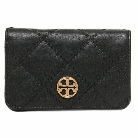 快速出貨！【TORY BURCH】菱格紋羊皮皮革金屬圓標LOGO中夾-黑