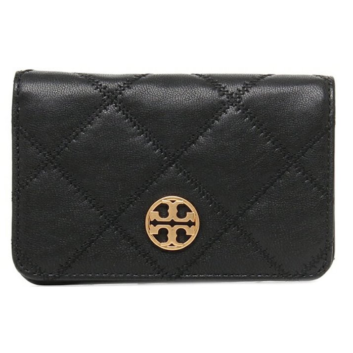 快速出貨!【TORY BURCH】菱格紋羊皮皮革金屬圓標LOGO中夾-黑-0