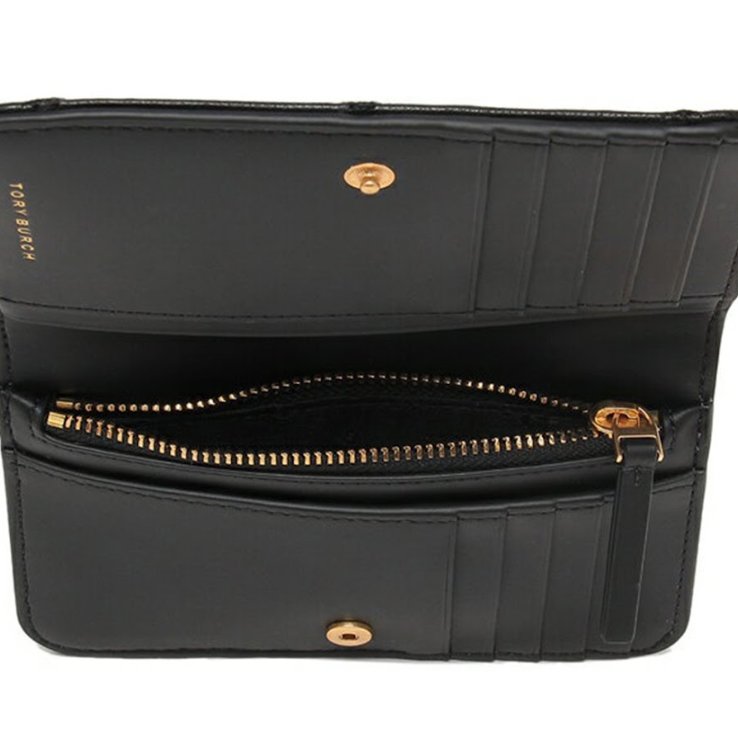 快速出貨!【TORY BURCH】菱格紋羊皮皮革金屬圓標LOGO中夾-黑-1