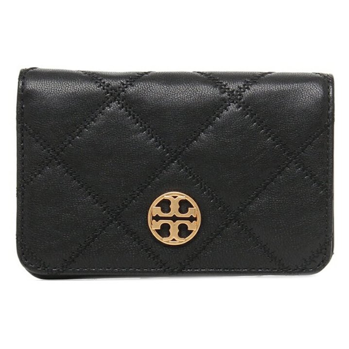 快速出貨!【TORY BURCH】菱格紋羊皮皮革金屬圓標LOGO中夾-黑-2