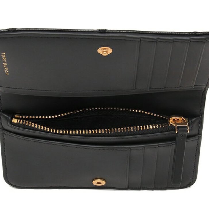 快速出貨!【TORY BURCH】菱格紋羊皮皮革金屬圓標LOGO中夾-黑-3