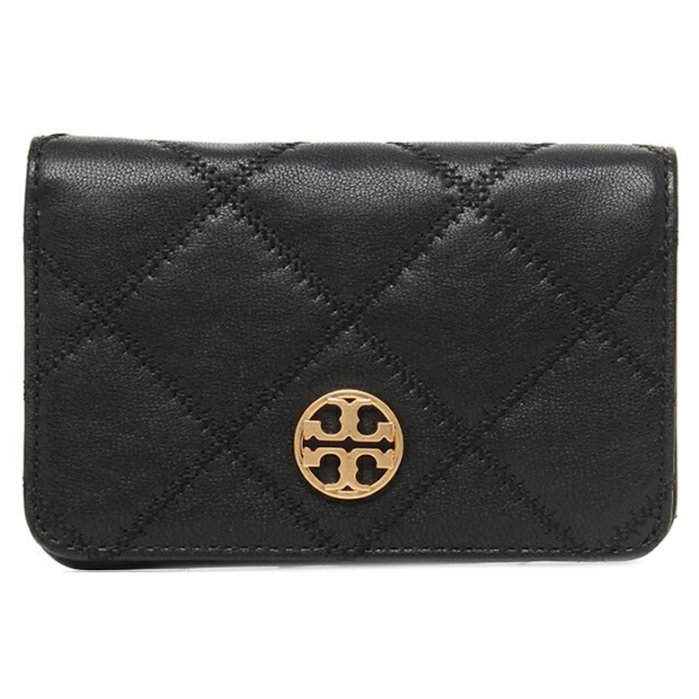 快速出貨!【TORY BURCH】菱格紋羊皮皮革金屬圓標LOGO中夾-黑-4
