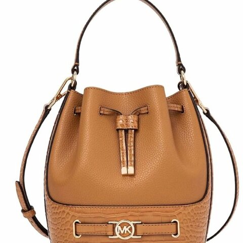 快速出貨！【Michael Kors】蛇紋皮革拼接素面皮革兩用水桶包-白