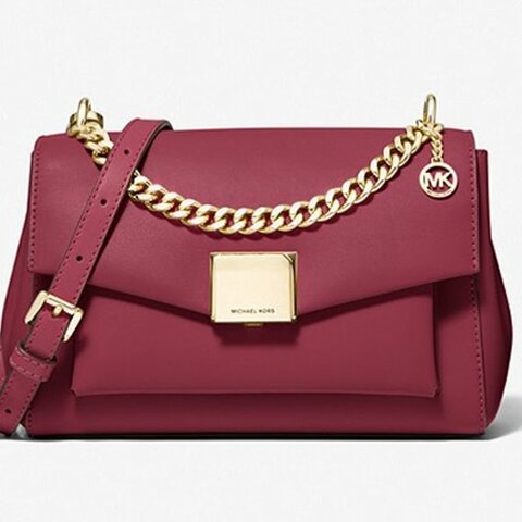 快速出貨！【Michael Kors】防刮皮革翻蓋斜背包-酒紅