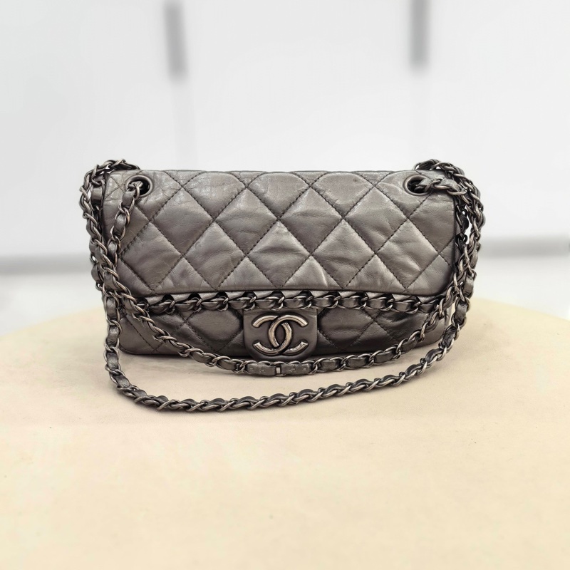 Chanel • 槍灰油臘牛皮銀釦滾邊鏈條Cf 25 翻蓋包-3