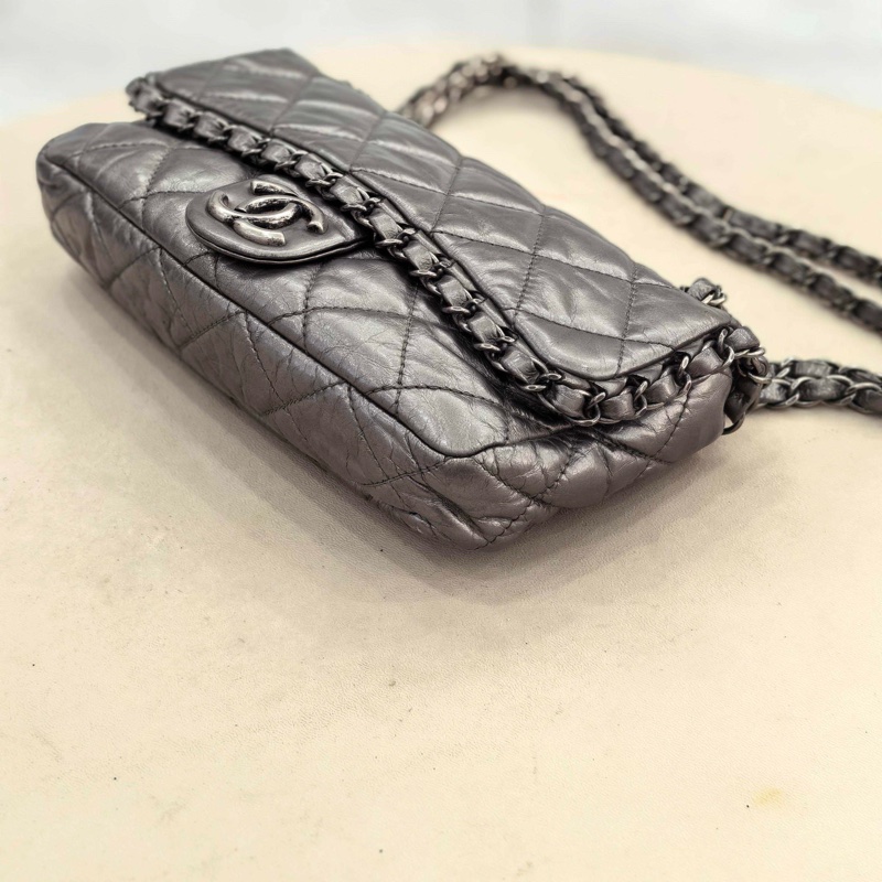 Chanel • 槍灰油臘牛皮銀釦滾邊鏈條Cf 25 翻蓋包-8