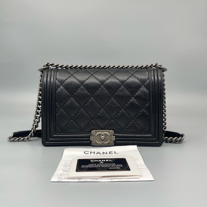 Chanel • 經典黑銀外縫線牛皮Le Boy 28 中大號 有購證✔️-3