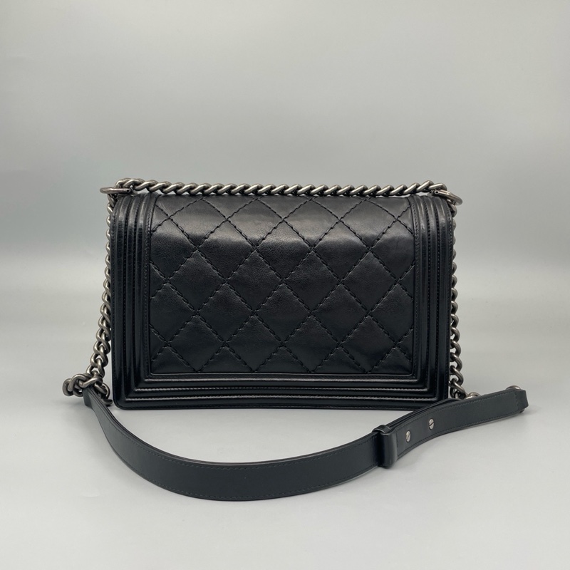 Chanel • 經典黑銀外縫線牛皮Le Boy 28 中大號 有購證✔️-4