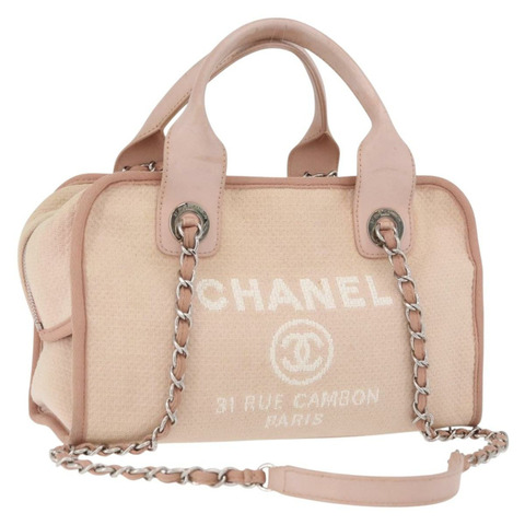 香奈兒 Deauville 系列鏈條保齡球包帆布米色銀色 CC 正品 ka3775V
