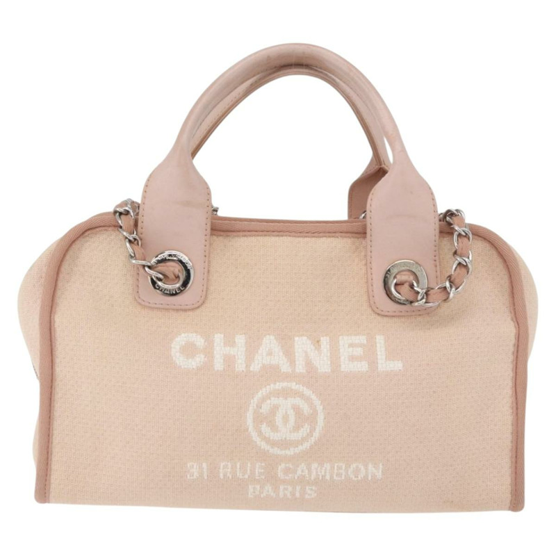 【日本直送】香奈兒 Deauville 系列鏈條保齡球包帆布米色銀色 CC 正品 ka3775V-12
