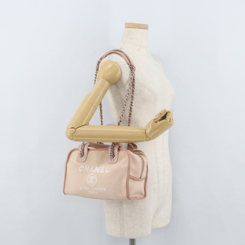 【日本直送】香奈兒 Deauville 系列鏈條保齡球包帆布米色銀色 CC 正品 ka3775V-23