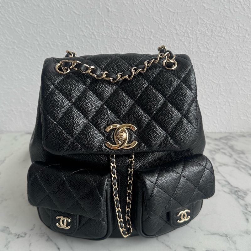 Chanel AS3860黑荔枝淡金雙C DUMA後背包小號-0