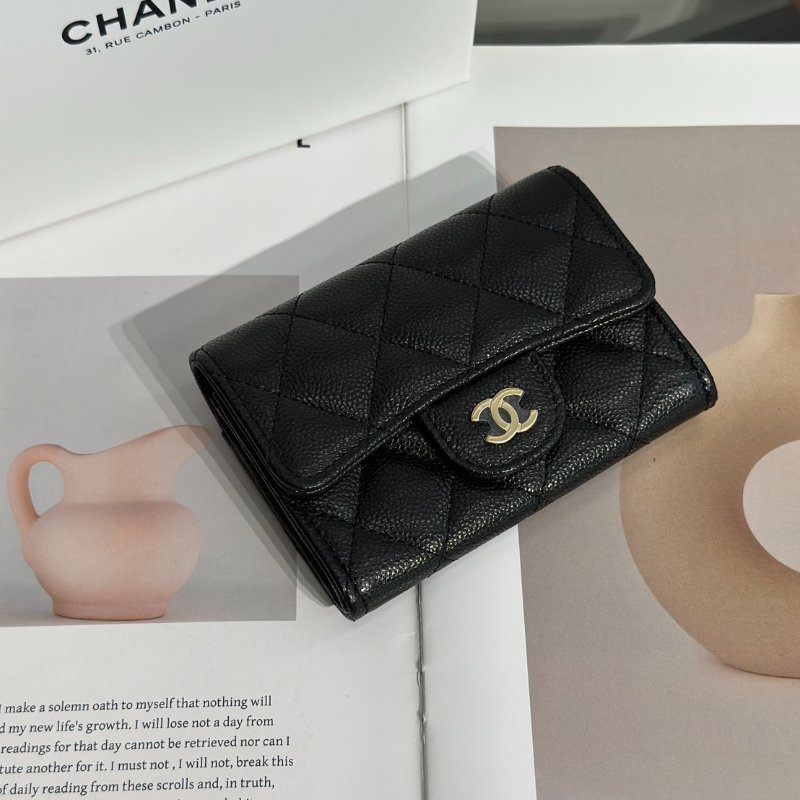 CHANEL 粒面牛皮拉鍊夾層卡包 - 黑金-1