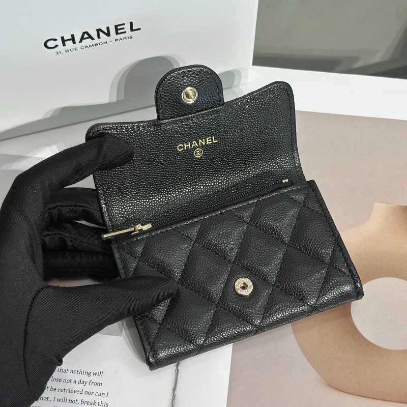 CHANEL 粒面牛皮拉鍊夾層卡包 - 黑金-4