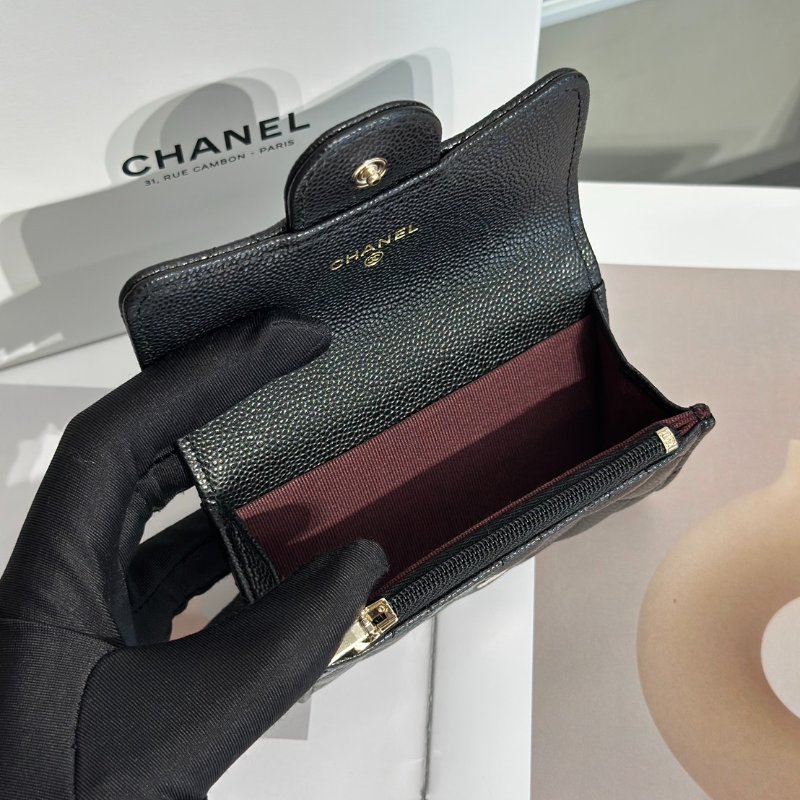CHANEL 粒面牛皮拉鍊夾層卡包 - 黑金-5