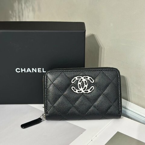 CHANEL 24C 19 粒面牛皮拉鍊夾層零錢包 - 黑白