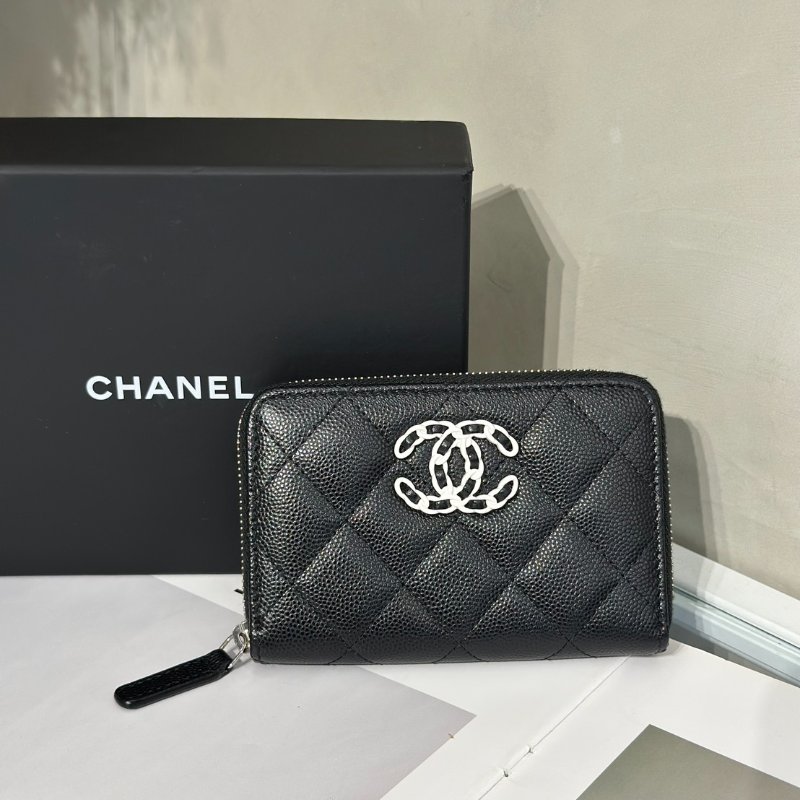CHANEL 24C 19 粒面牛皮拉鍊夾層零錢包 - 黑白-0