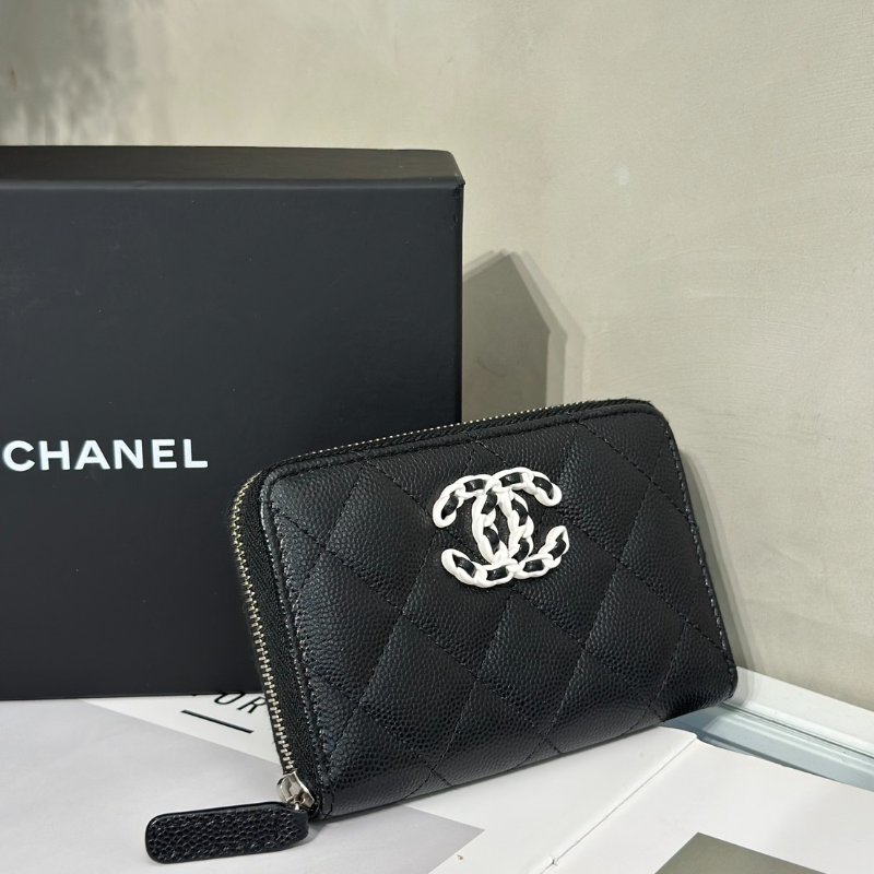 CHANEL 24C 19 粒面牛皮拉鍊夾層零錢包 - 黑白-1
