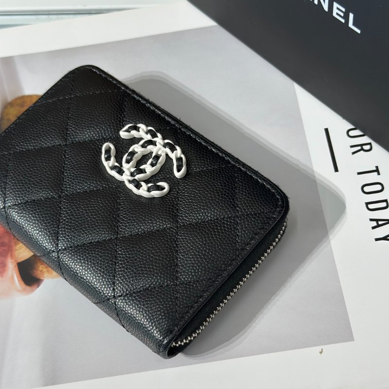 CHANEL 24C 19 粒面牛皮拉鍊夾層零錢包 - 黑白-2