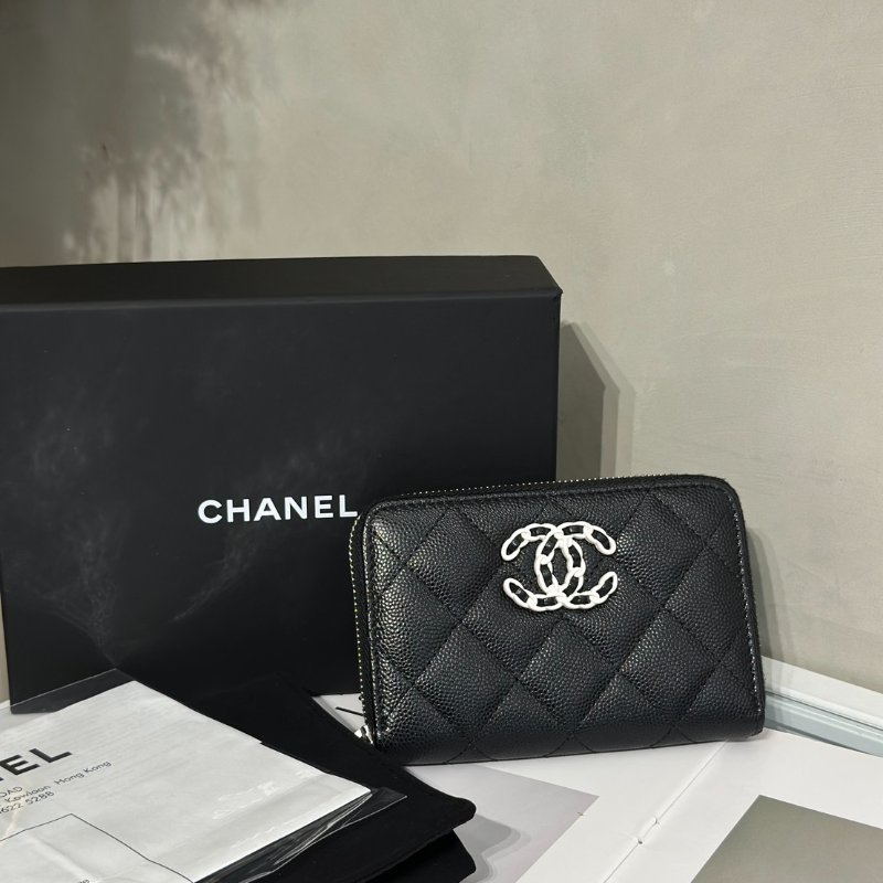 CHANEL 24C 19 粒面牛皮拉鍊夾層零錢包 - 黑白-6