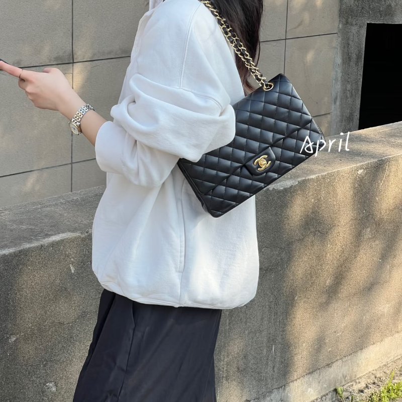 CHANEL 經典口蓋包 CF25 - 羊皮黑金-18