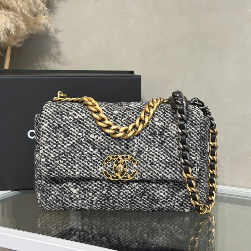 CHANEL 19 Bag 菱格紋手提肩背包 26 - 毛呢金-0