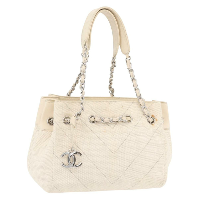 【日本直送】香奈兒鏈V形縫線單肩背包帆布米色銀色CC正品 YKZ1182A-0