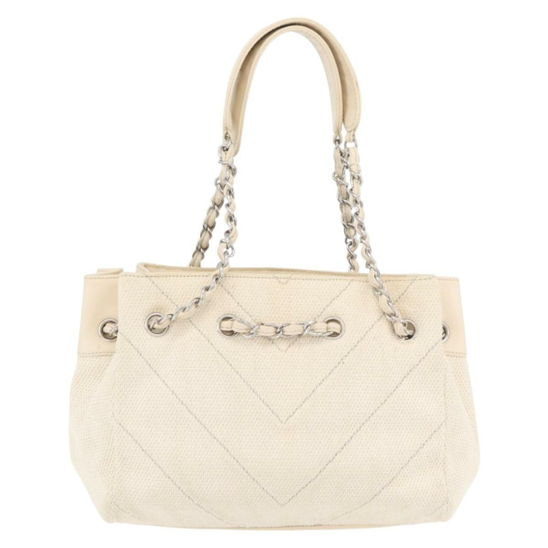 【日本直送】香奈兒鏈V形縫線單肩背包帆布米色銀色CC正品 YKZ1182A-1