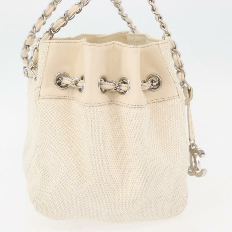 【日本直送】香奈兒鏈V形縫線單肩背包帆布米色銀色CC正品 YKZ1182A-3