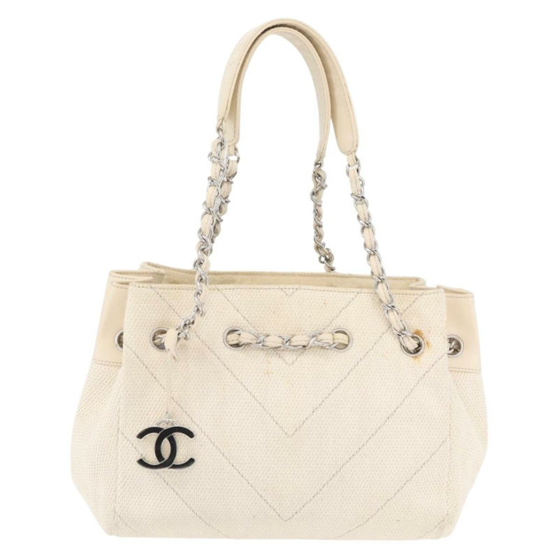 【日本直送】香奈兒鏈V形縫線單肩背包帆布米色銀色CC正品 YKZ1182A-12
