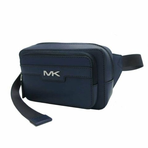 快速出貨！【Michael Kors】素色皮革拉鍊腰包-深藍
