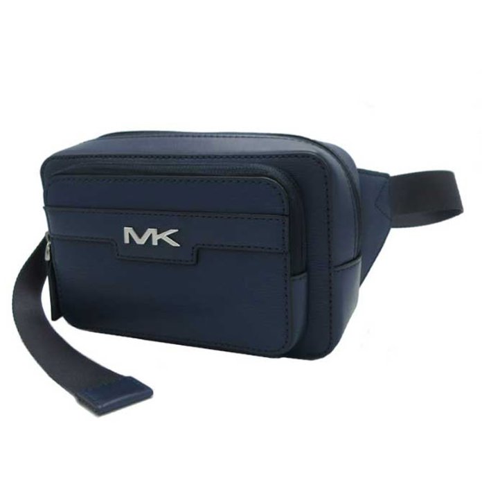 快速出貨!【Michael Kors】素色皮革拉鍊腰包-深藍-4