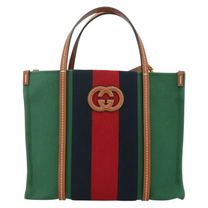 【日本直送】GUCCI Sherry Line 手袋 帆布 兩用 綠色 金 紅色 727728 正品 YKZ1033M-12