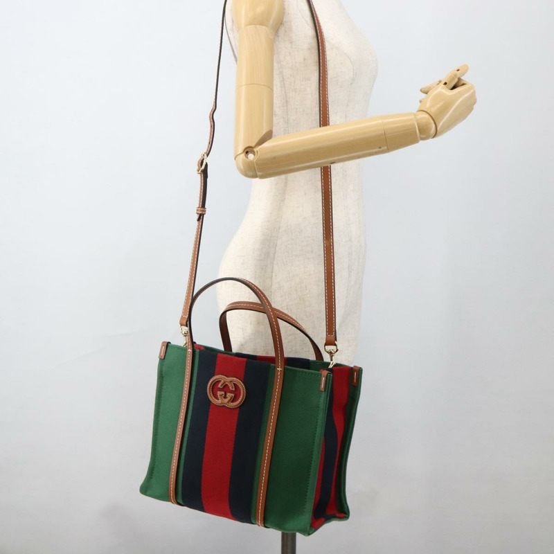 【日本直送】GUCCI Sherry Line 手袋 帆布 兩用 綠色 金 紅色 727728 正品 YKZ1033M-22