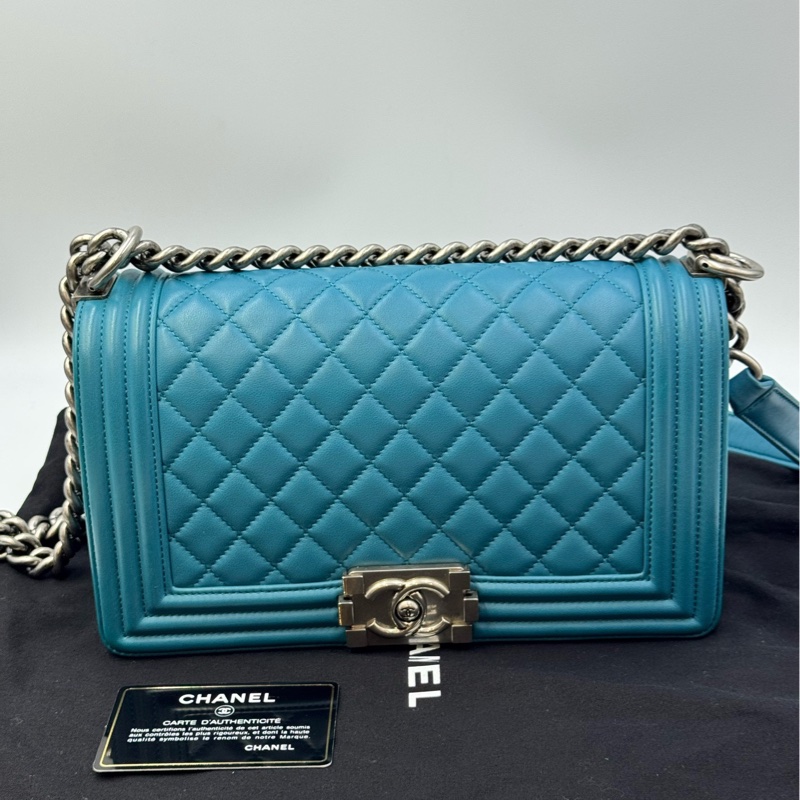 99新 香奈兒/Chanel Leboy中號 天藍色羊皮銀色金屬-0