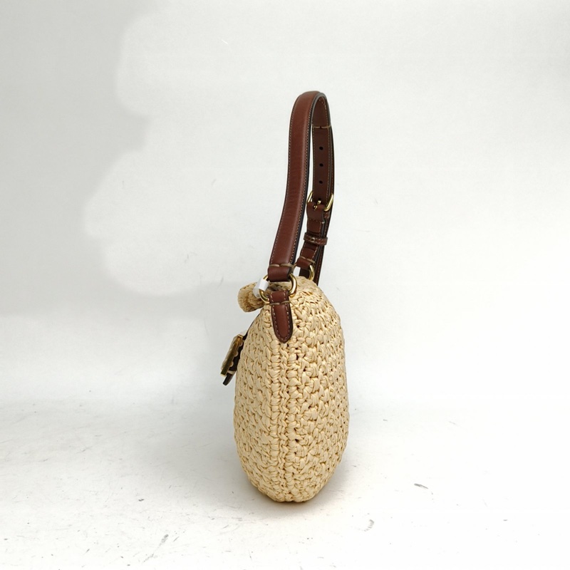 FENDI 棕色草編金扣編織牛角包半月包腋下包-1