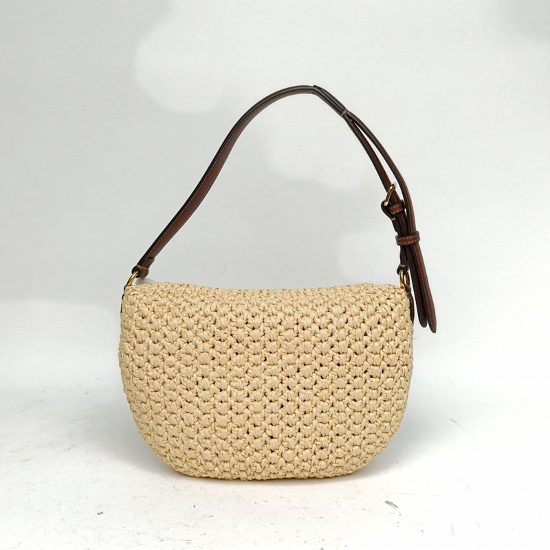 FENDI 棕色草編金扣編織牛角包半月包腋下包-2