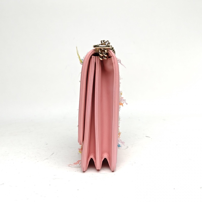 CHANEL Leboy豎版16cm粉色毛呢27開金扣-1