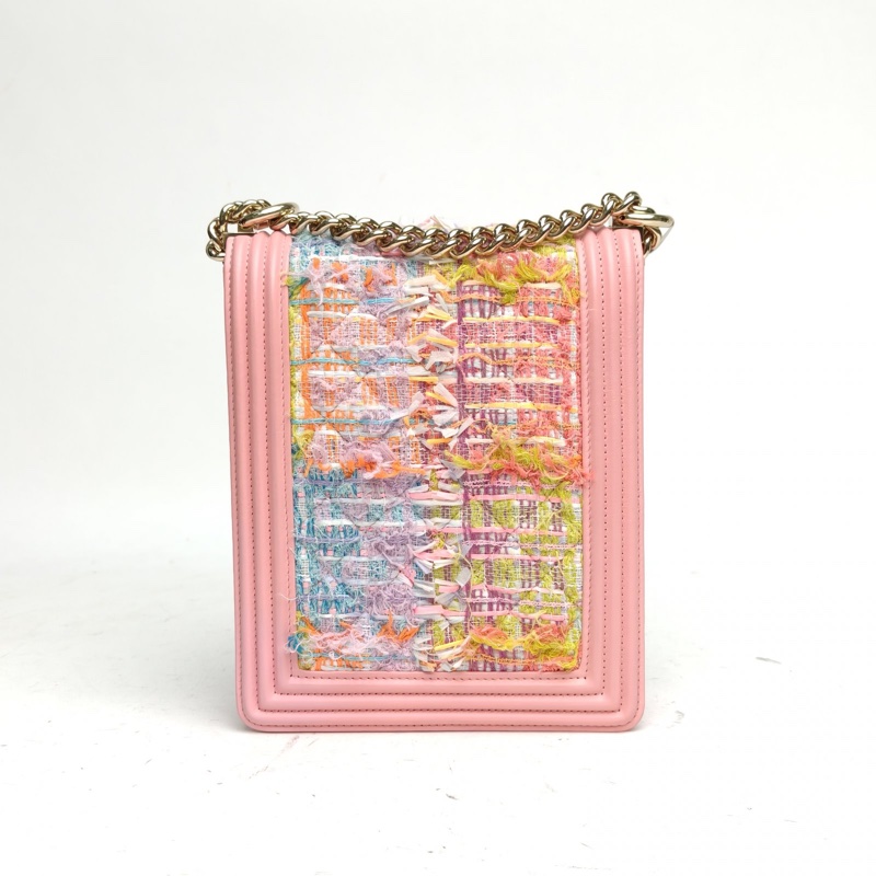 CHANEL Leboy豎版16cm粉色毛呢27開金扣-2