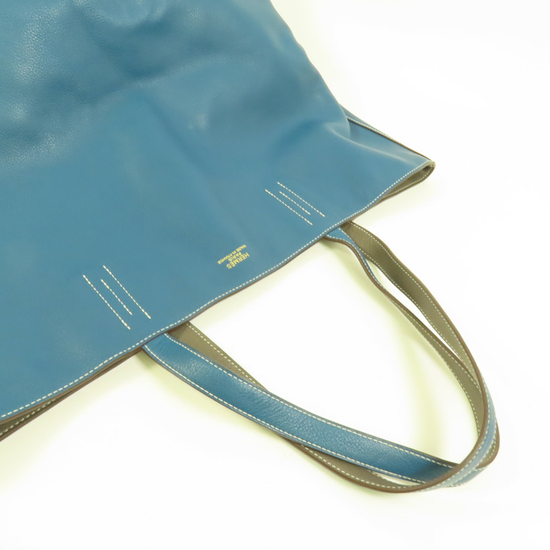 HERMES Clemence皮革Double Sens 45手挽袋Etain/Bleu Izmir-5