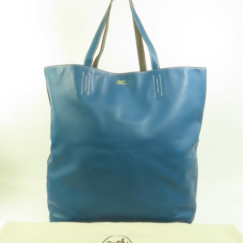 HERMES Clemence皮革Double Sens 45手挽袋Etain/Bleu Izmir-8