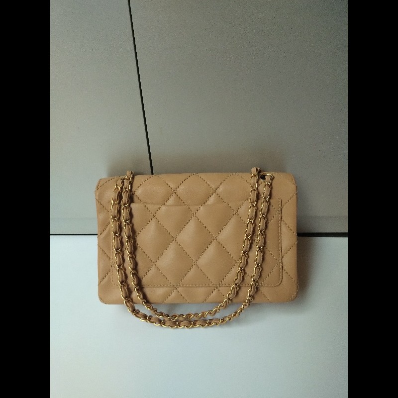 Chanel 金鍊粗線菱格奶茶色皮口蓋包-2