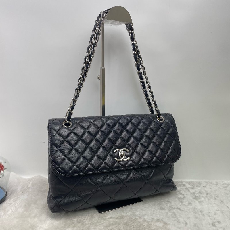 香奈兒/Chanel 黑銀菱格紋牛皮大號機場包-2