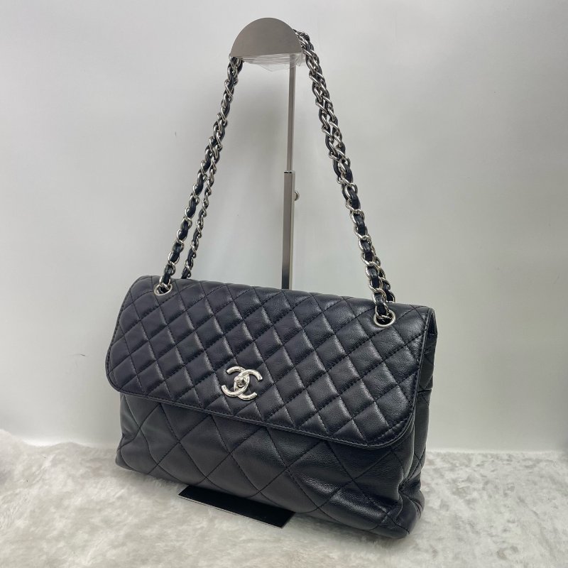 香奈兒/Chanel 黑銀菱格紋牛皮大號機場包-3