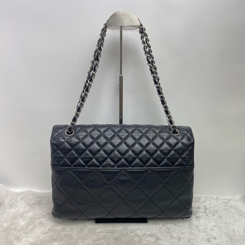 香奈兒/Chanel 黑銀菱格紋牛皮大號機場包-6