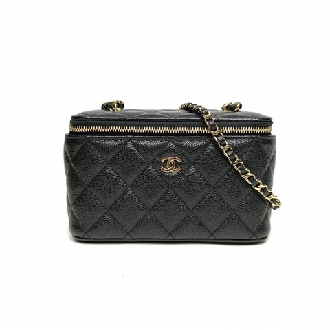 CHANEL 22S長盒子化妝包黑色荔枝牛皮金扣單皮穿鏈肩帶