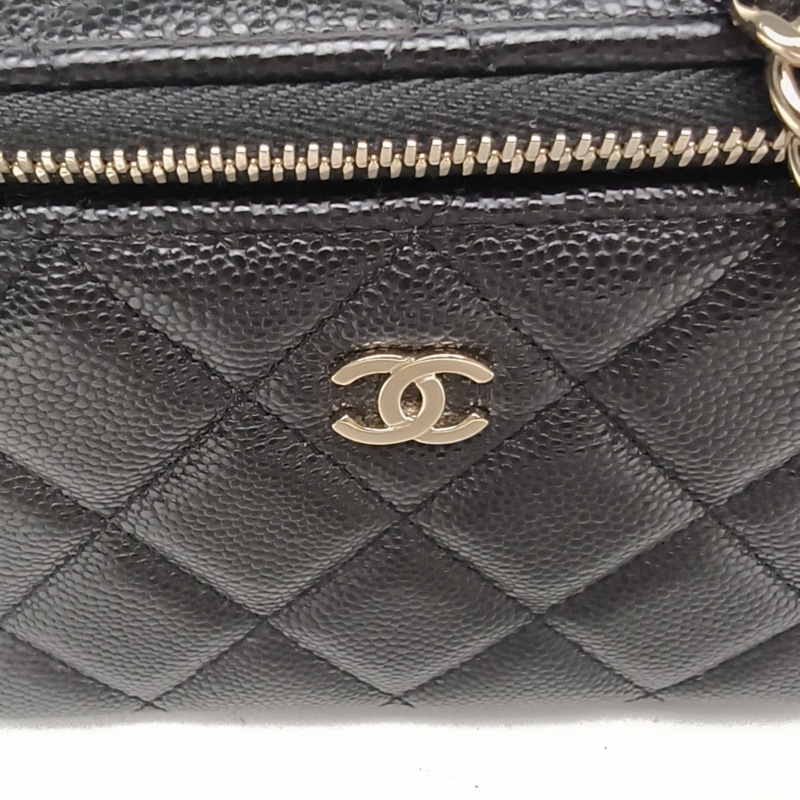 CHANEL 22S長盒子化妝包黑色荔枝牛皮金扣單皮穿鏈肩帶-4