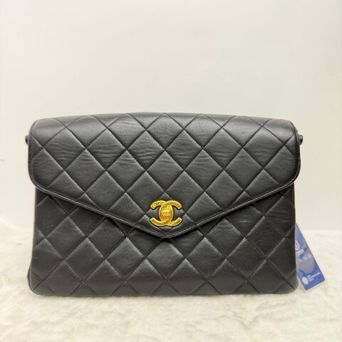 香奈兒/Chanel 經典黑金菱格紋手提包 黑色小牛皮搭配金色雙C金屬扣