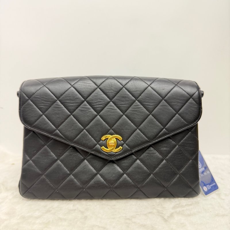 香奈兒/Chanel 經典黑金菱格紋手提包 黑色小牛皮搭配金色雙C金屬扣-0