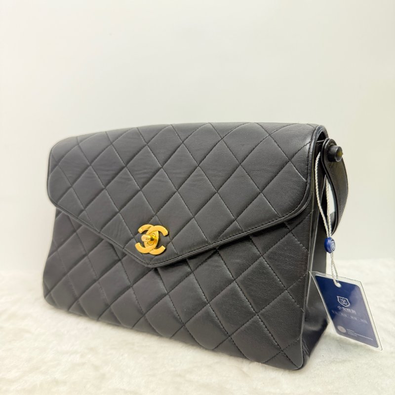 香奈兒/Chanel 經典黑金菱格紋手提包 黑色小牛皮搭配金色雙C金屬扣-2